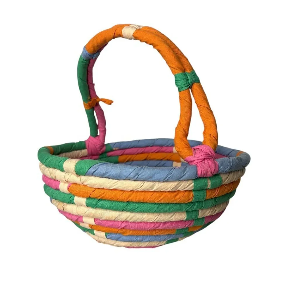 Vintage Rolled Rag Basket Cloth Woven Handmade Red Blue Orange Pink